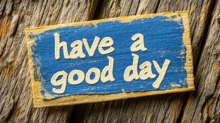 The wooden sign encourages a positive start to the day with a cheerful message in a natural environment