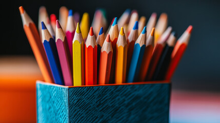 Fototapeta premium A picture of a pencil box with colorful pencils inside. It's ready to be used in a coloring book or activity sheet for kids.