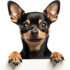 A small, cheerful dog with perked ears peers playfully over a white surface, exuding charm and personality