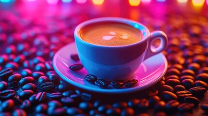 Colorful Neon Coffee Cup Surrounded by Coffee Beans in Artistic Lighting