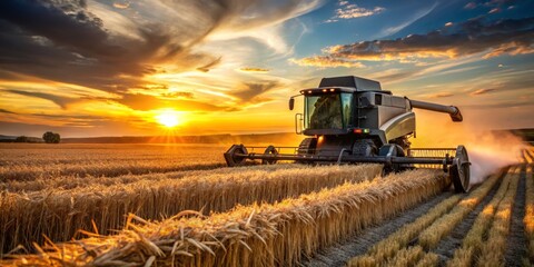 Fototapeta premium Harvesting Sunset A Combine Harvester Gathers Grain in a Field of Wheat During Golden Hour, farming, agriculture, harvest