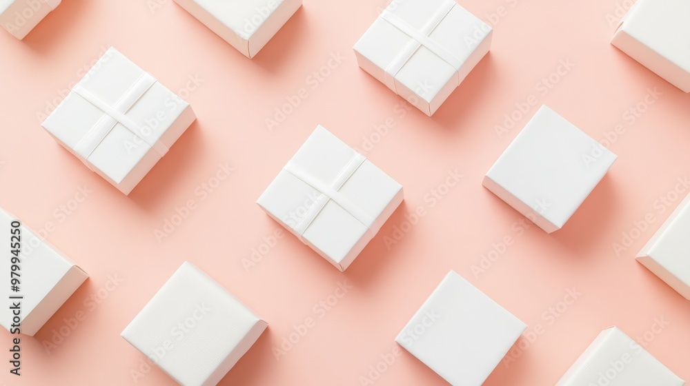 Aufkleber multiple white gift boxes of different sizes are neatly arranged in a top-down view on a soft pastel