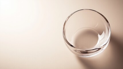 A single clear glass rests flat against a plain background, showcasing its smooth curves and transparent quality in a minimalist setting
