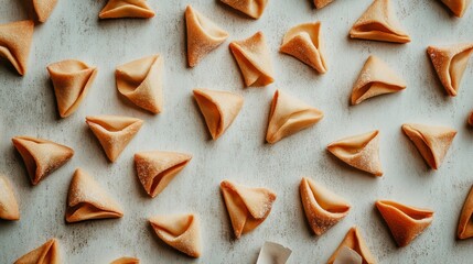 Fortune cookies lay scattered on a light background, some unbroken and others cracked open, revealing tiny fortunes inside, emphasizing a casual setting