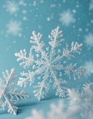 Minimalist winter background with depth of field featuring soft snowflakes on a light blue backdrop