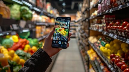 A shopper holds up a smartphone displaying an augmented reality app while navigating through a grocery store's vibrant produce aisle, enhancing their shopping experience