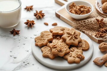 Text space available for walnut shaped homemade cookies with boiled condensed milk on a white marble table
