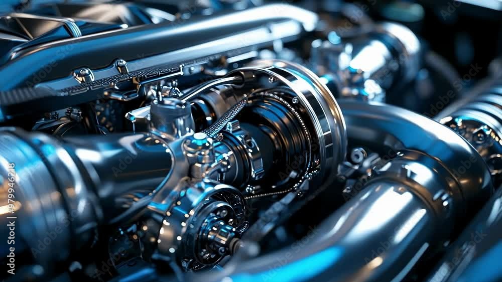 Poster powerful v8 engine is gleaming under studio lighting, showcasing its intricate details and metallic 
