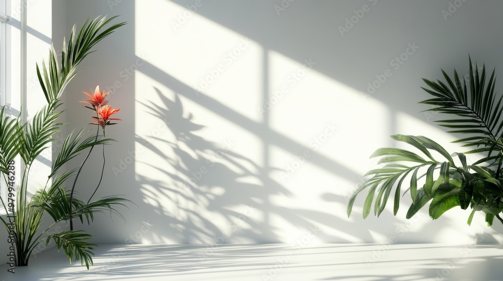 Poster the bright studio features an empty white space where soft shadows of palm leaves and colorful flowe