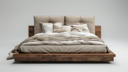 Modern bed with padded headboard and neutral-toned bedding.