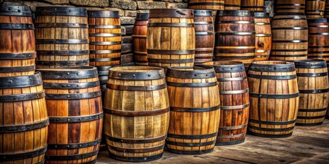 Stacked Wooden Barrels With Metal Bands, close-up, rustic, wooden texture, barrel, vintage, wood