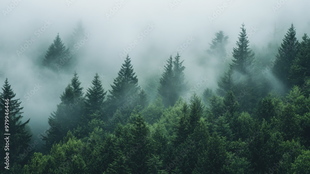 Aufkleber a tranquil forest filled with tall evergreen trees enveloped in mist, creating an ethereal ambiance 