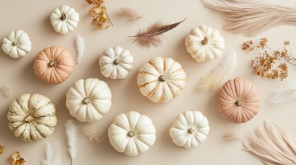 A collection of minimalistic pumpkins in beige and brown tones is artistically arranged against a pastel backdrop, complemented by delicate foliage accents