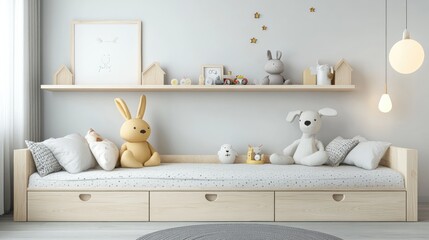 Modern Scandi Kids Room with Plush Toys and Minimalist Decor