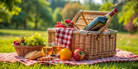 Summer Picnic Basket with Wine and Fruit on a Blanket, picnic , basket , wine