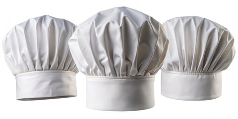 Three White Chef Hats, Isolated on White Background, Close-up, Cookware, Culinary ,chef hat, white hat
