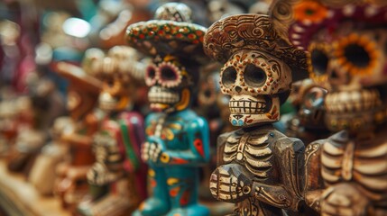 Fototapeta premium Colorful day of the dead skeleton figurines in traditional mexican art