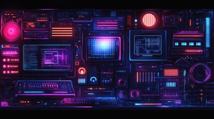 Obraz premium Futuristic Purple and Blue Neon Control Panel with High-Tech Digital Displays and Interfaces
