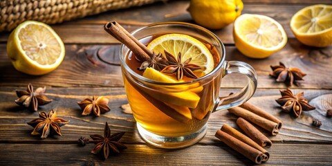 Warm Spiced Citrus Drink in Glass Mug with Cinnamon Sticks and Star Anise, winter beverage, hot drink, holiday drink