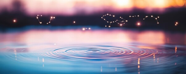 Zodiac constellations appearing as cosmic ripples over a quiet lake at dusk