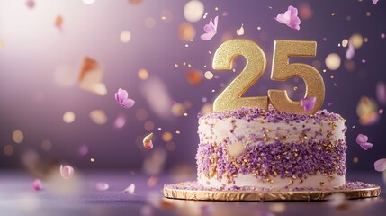 white celebration cake with number 25, surrounded by purple flowers and sparkles