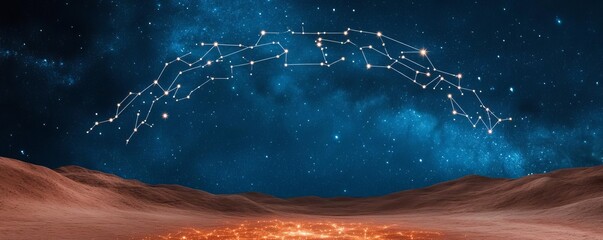 Zodiac constellations forming a cosmic arch over a desert landscape, with glowing sands below