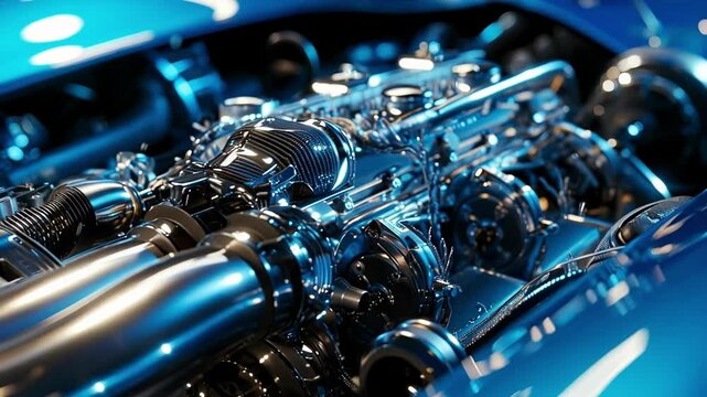 Close up view of a powerful v8 engine running hot, with smoke and steam rising from the chrome and metal parts. The engine is illuminated by blue light, creating a sense of power and energy