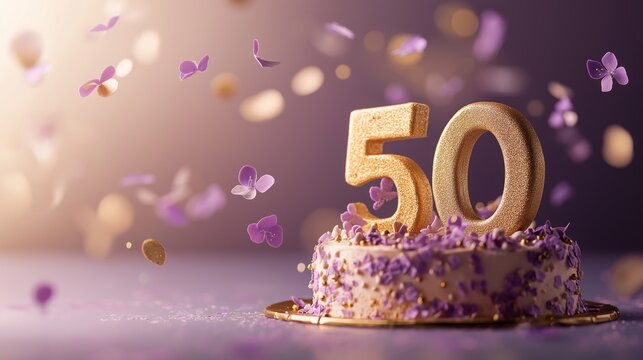 white celebration cake with number 50, surrounded by purple flowers and sparkles