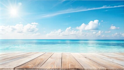 Wooden floor with a vibrant blue sky and ocean, creating a serene summer tropical atmosphere
