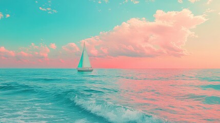 Serene Sailing Yacht on Tranquil Ocean with Vibrant Pastel Sky at Sunset