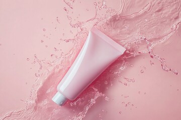 Cosmetic product. Tube with cream in water on light background, top view.generative ai