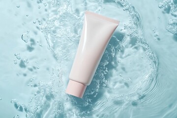 Cosmetic product. Tube with cream in water on light background, top view.generative ai