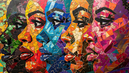 Vibrant, multi-colored portraits of diverse women symbolize strength, unity, and empowerment.
