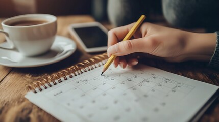 2025 Event planner timetable agenda plan on schedule event. Business woman checking planner, taking note on calendar desk on office table. Calendar event plan, work planning