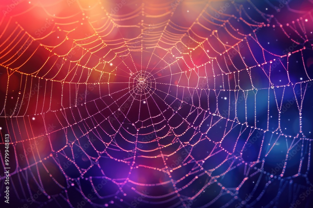 Poster a spider web covered in small water droplets, often used as a background or texture image,