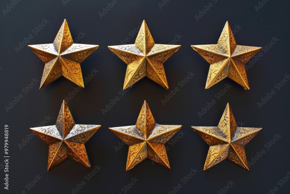 Poster a cluster of shiny gold stars arranged on a dark background, ideal for use in presentations, graphic