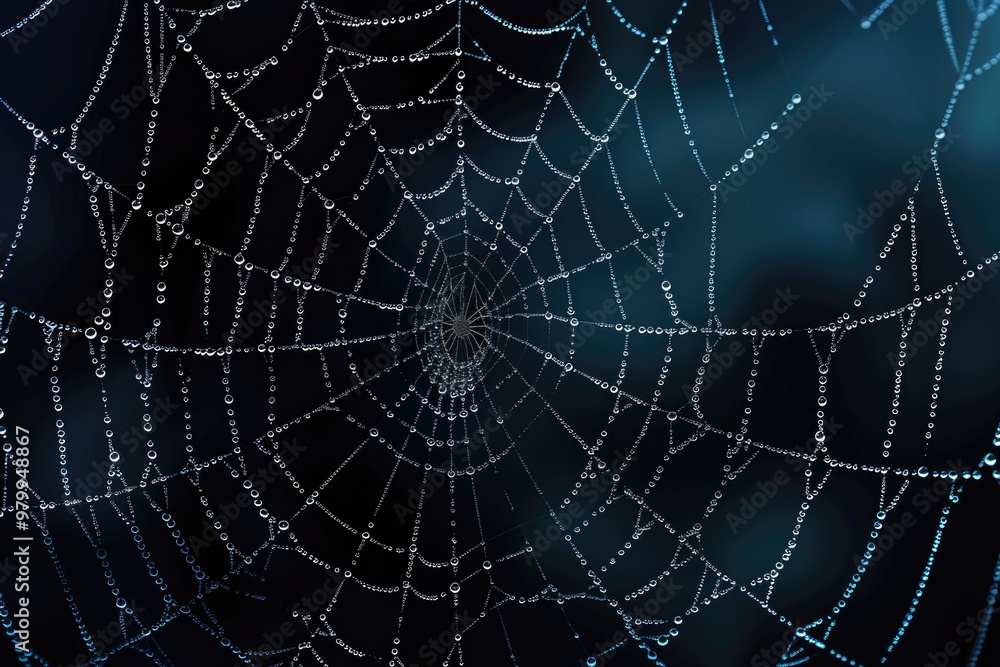 Poster close-up of a spider web with water droplets glistening on its intricate surface