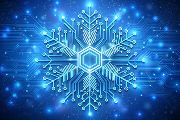 Abstract digital illustration of microchip board on snowflake shape on blue background. Technology concept image. Happy new year and merry christmas card