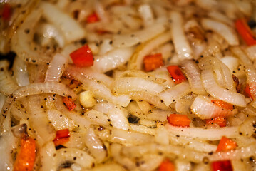 Sautéed onion and red bell pepper.