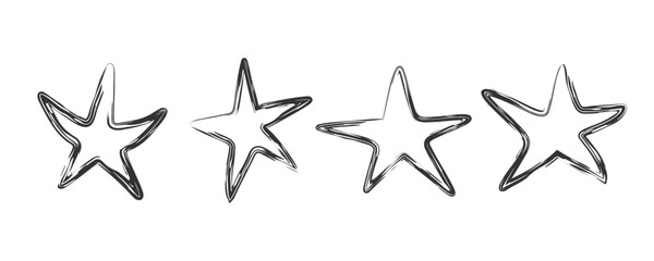 Black paintbrush contour Star set. Outline abstract hand drawn stars. Doodle sketch simple art. Child Drawing doodles. Grunge texture. Night Sky element. Vector illustration