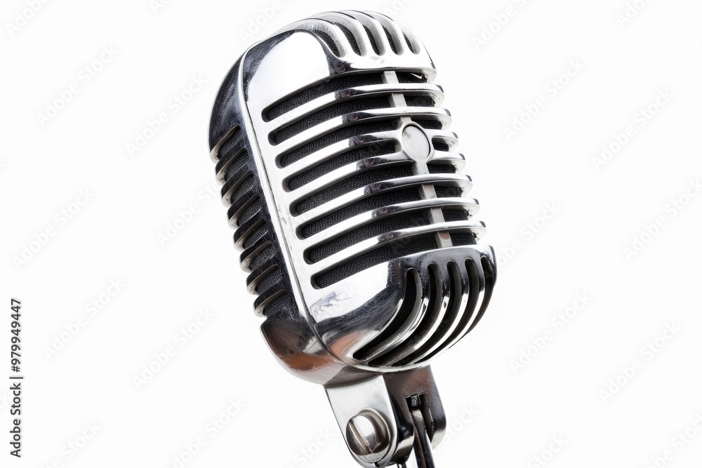 Poster a close-up shot of a microphone on a white background, great for use in audio-related designs and il