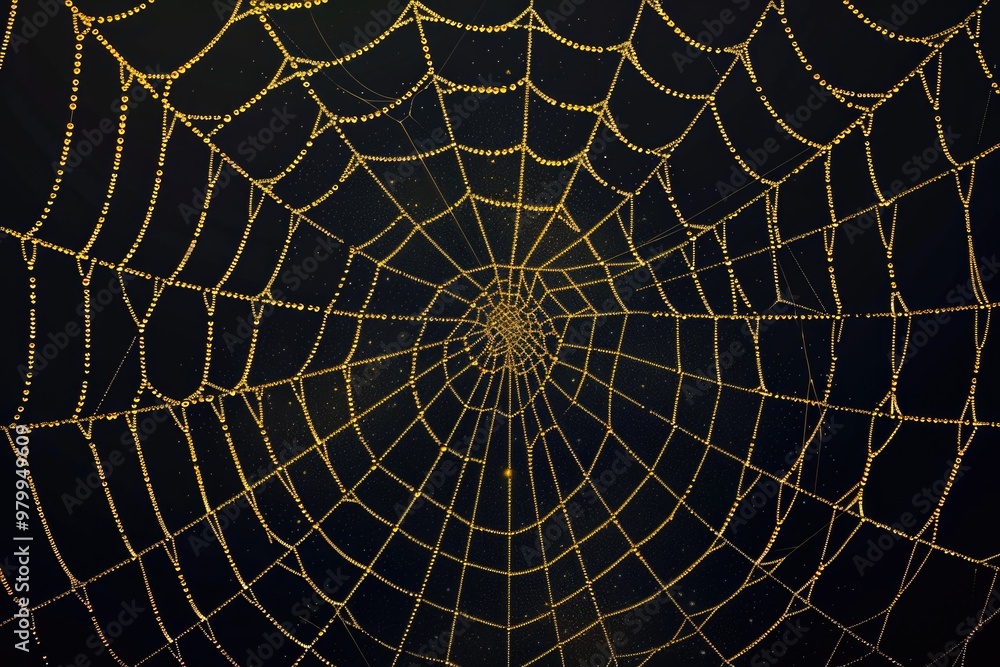 Poster a close-up of a spider web with tiny water droplets glistening on its surface