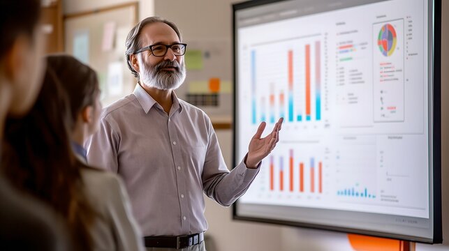 Economy lesson. Experienced professor delivering lecture to classroom of attentive students, using data charts and graphs projected on screen to illustrate key points