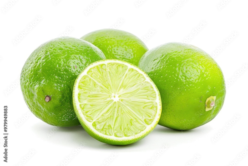 Poster freshly cut limes arranged on a white background, ready for use or display