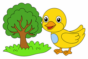  a happy cute animals  Duck, a tree and the garden, color outline on white background for kids coloring page