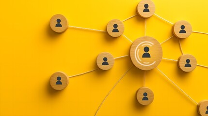 Customer relationship management concept. wooden block with target icon linked with human icons for customer focus group. Data exchanges development and customer service