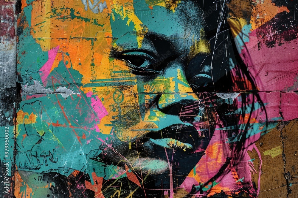 Poster a close-up image of a woman's face painted on a wall, suitable for use in art-related projects or as