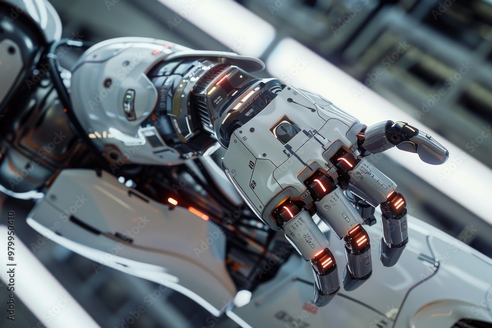 Poster A detailed view of a robotic hand with illuminated digits, suitable for futuristic or sci-fi themed projects