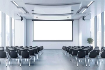 A typical classroom setup with rows of chairs and a projector screen, suitable for educational or presentation purposes