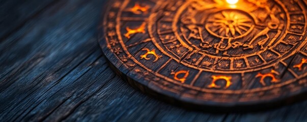 Obraz premium Zodiac symbols carved into ancient wood, illuminated by a flickering firelight